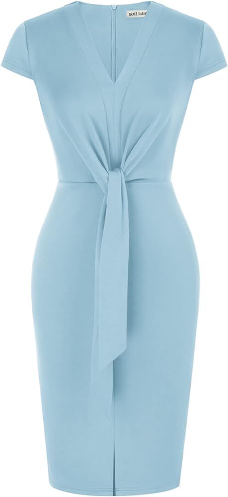 GRACE KARIN Women's Summer Midi Dresses Cap Sleeve Tie Waist Work Dress Slit V-Neck Bodycon Dress... | Amazon (US)