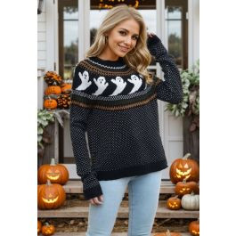 Cute Ghost Long Sleeves Knit Sweater in Black | Chicwish