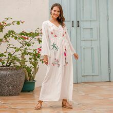 Floral & Tropical Embroidered Fringe Knot Shirt Dress | SHEIN