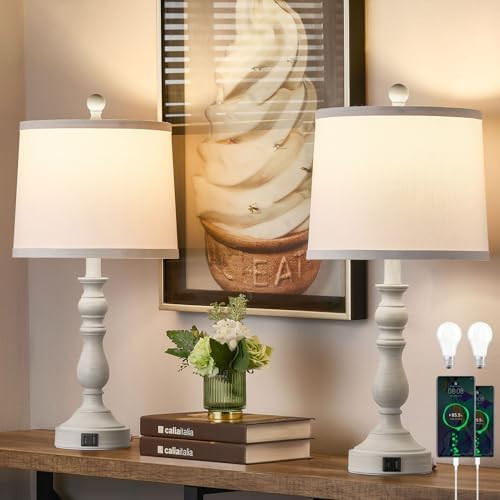 Leasgy 23'' Farmhouse Table Lamps for Living Room Set of 2 with USB C+A Ports, Retro Bedside Lamp... | Amazon (US)