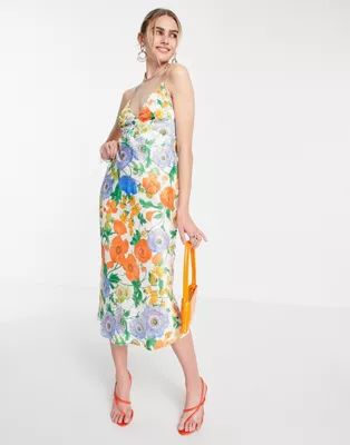 ASOS DESIGN midi satin backless dress in poppy floral print | ASOS (Global)
