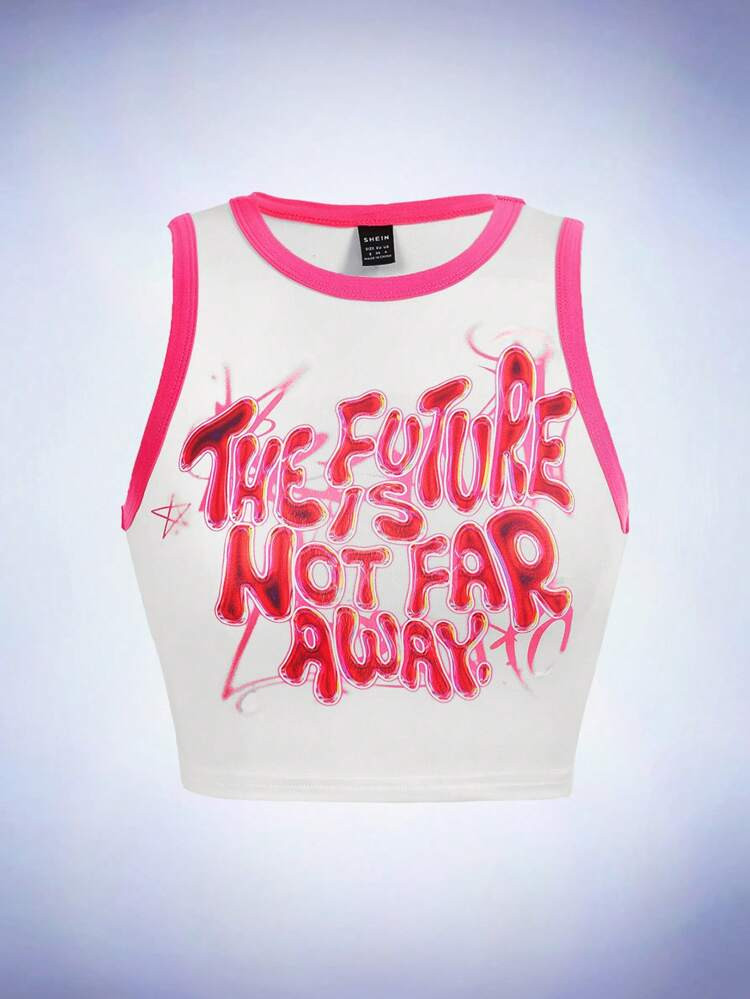 SHEIN ICON Slogan Graphic Contrast Binding Crop Tank Top
       
              
              $5.... | SHEIN