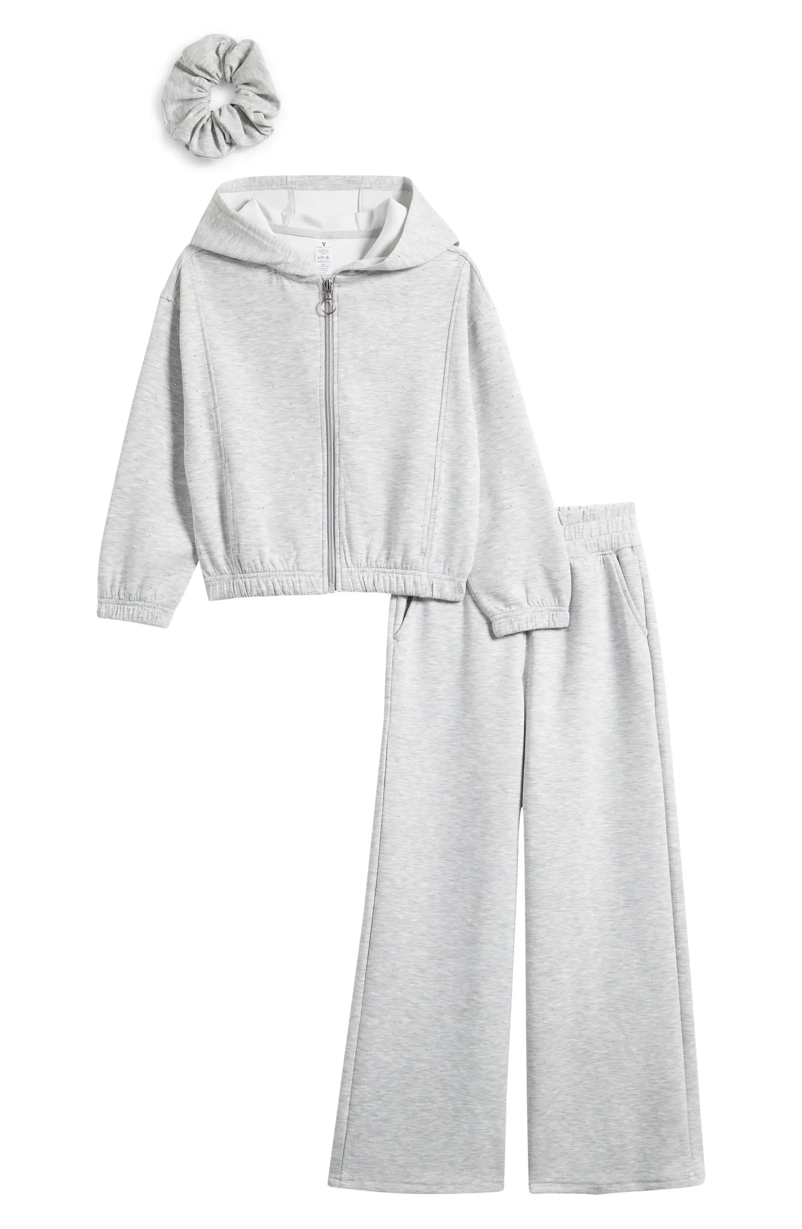 Kids' Rhinestone Zip-Up Hoodie, Flare Sweatpants & Scrunchie Set | Nordstrom Rack
