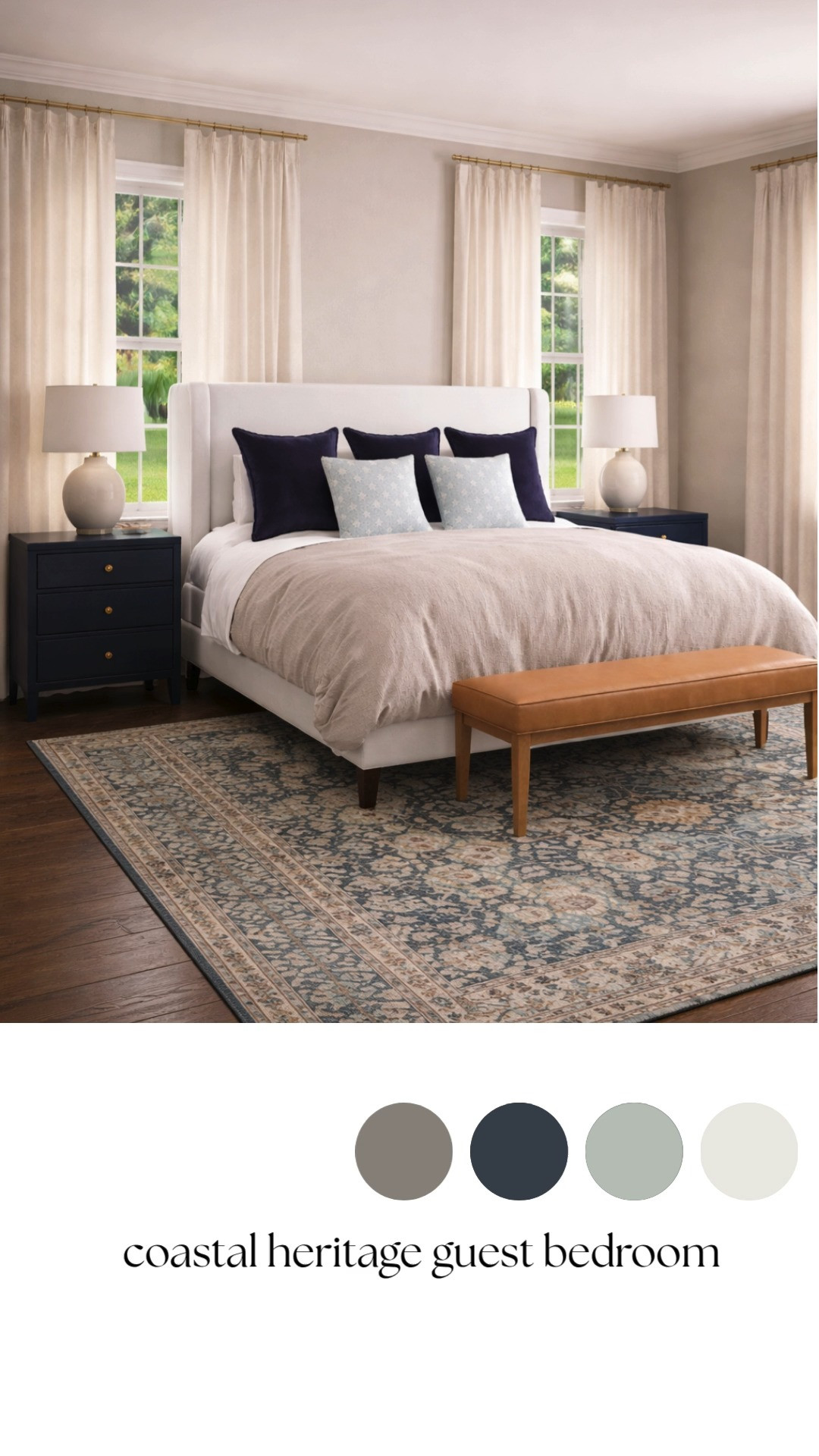 A guest bedroom that leans into layered textures, soft neutrals, and coastal-inspired tones.

The upholstered bed, neutral duvet, patterned rug, and wood bench create a space that feels finished but still relaxed and inviting. 

 #LTKHome
