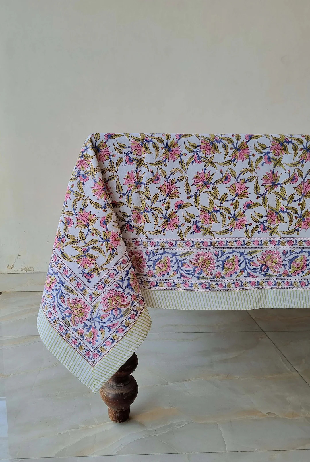 Baby Pink, Olive Green and Blue Tablecloth, Indian Hand Block Printed Cotton Table Cloth, Floral ... | Etsy (US)