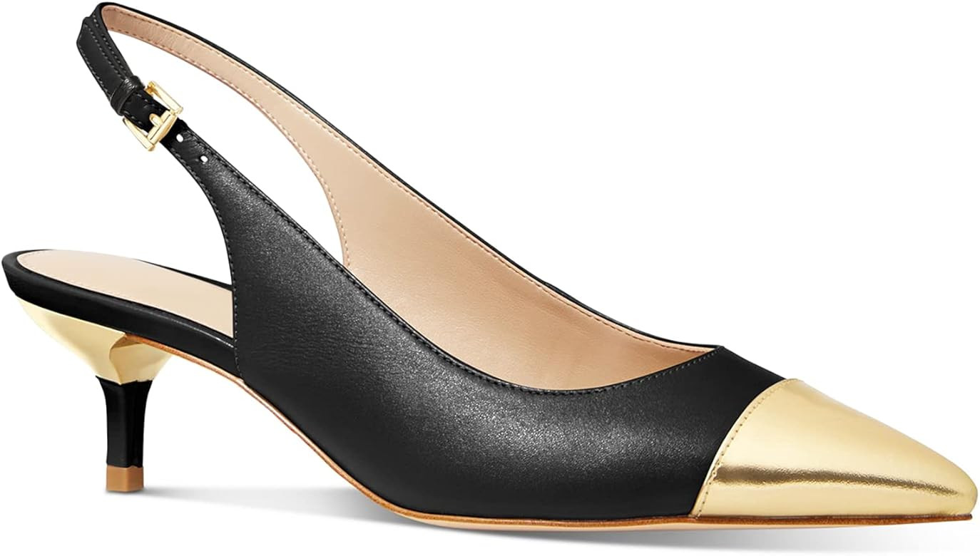Women's Low Heels Pumps Two Tone Gold Pointed Toe Slingback Kitten Heel Wedding Dress Shoes | Amazon (US)