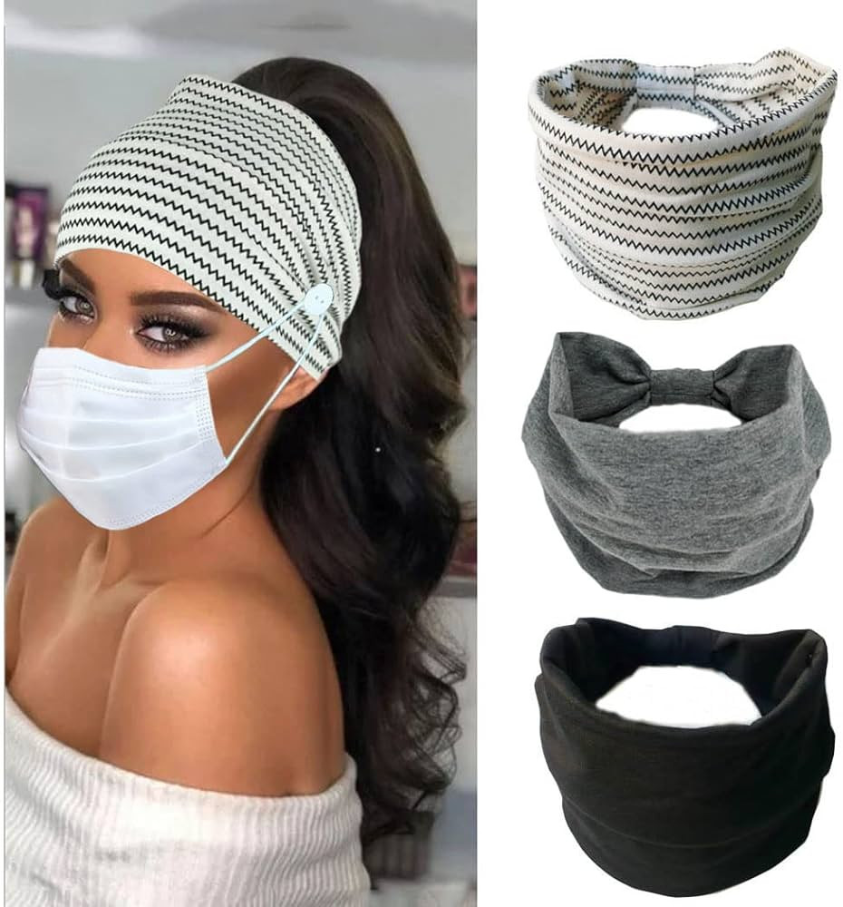 Efdagsad Boho Button Headband Women Wide Mask Hair Band with Button Boho Elastic Sports Headwear ... | Amazon (US)