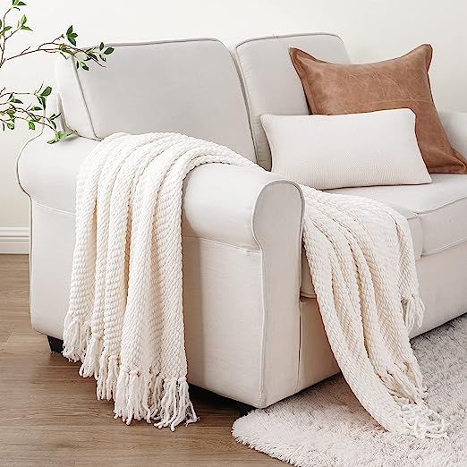 BATTILO HOME Cream Throw Blanket for Couch, Textured Knitted Throw Blanket with Tassels, Couch Co... | Amazon (US)