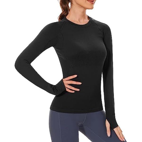 BALEAF Women's Long Sleeve Workout Athletic Seamless Shirts Tight Yoga Running Gym Fitted Tops with  | Amazon (US)