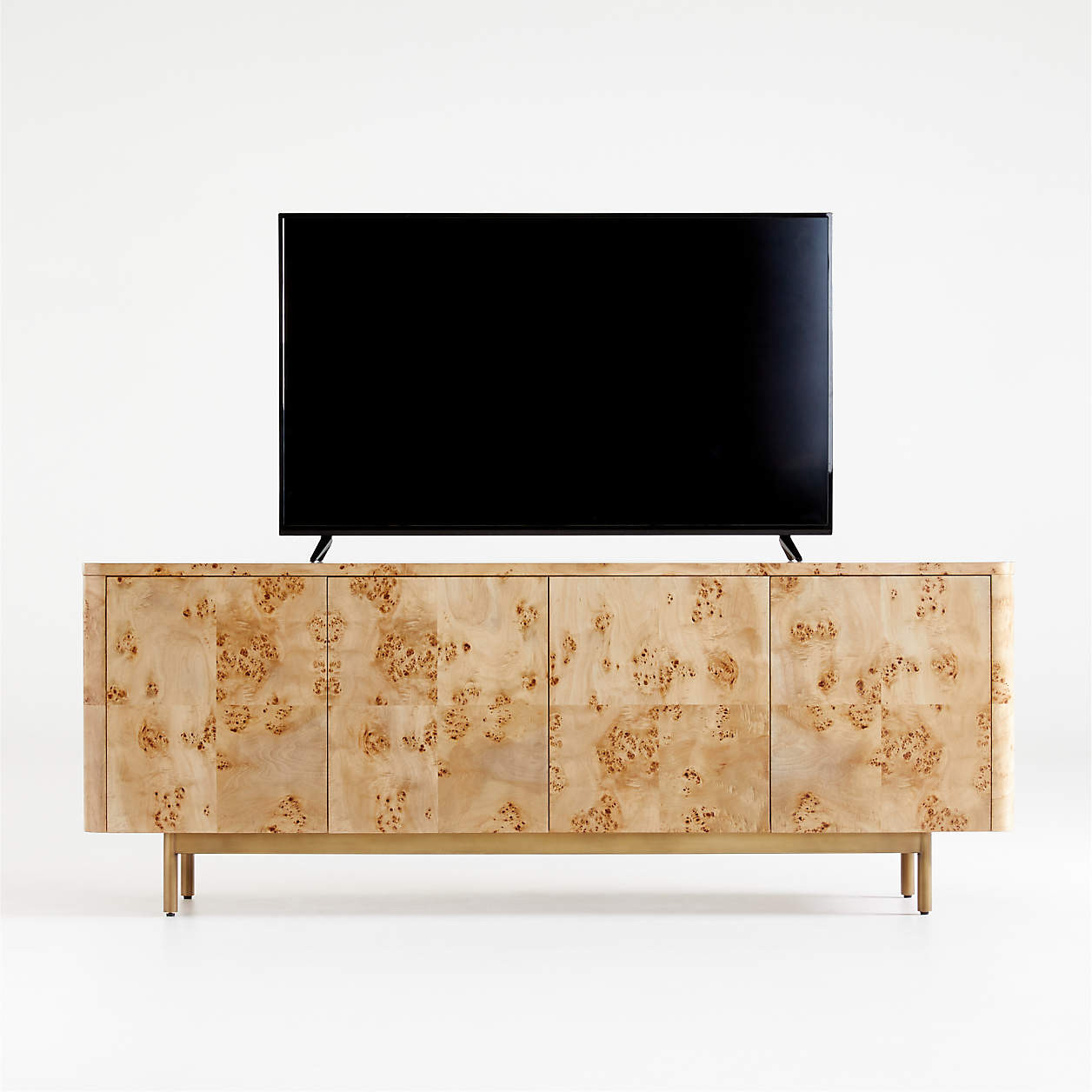 Mota 80" Natural Burl Wood Storage Media Console + Reviews | Crate & Barrel | Crate & Barrel