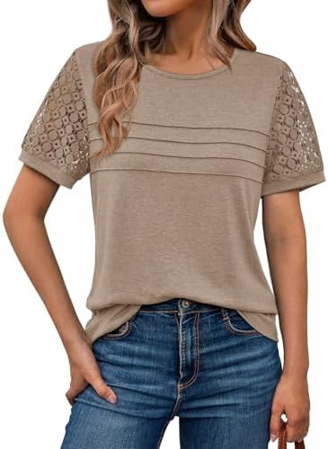 AUTOMET Women's Short Sleeve Shirts Dressy Lace Summer Tops 2026 Spring Trendy Casual T-Shirts Cu... | Amazon (US)