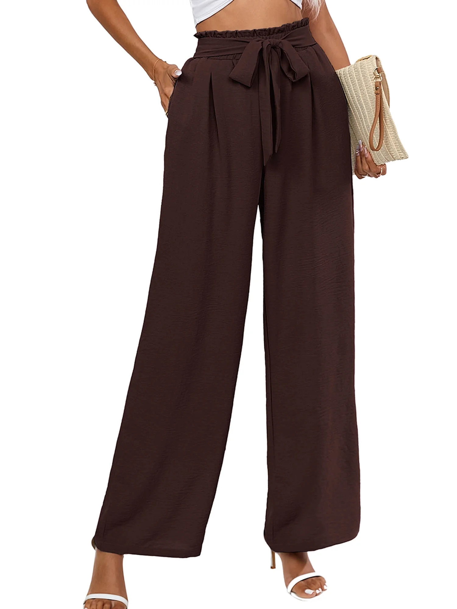 Chiclily Women Wide Leg Pants with Pockets High Waist Loose Belt Flowy Casual Trousers, US Size M... | Walmart (US)