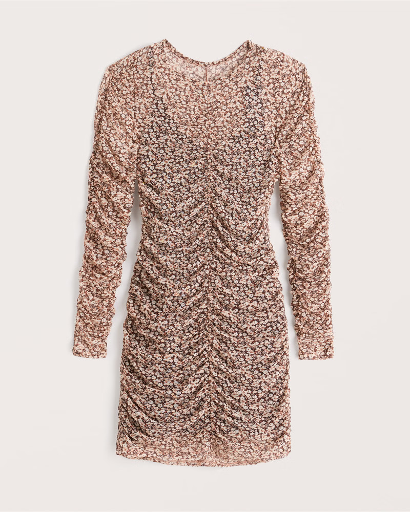 Long-Sleeve Ruched Mesh Mini Dress | Abercrombie & Fitch (US)