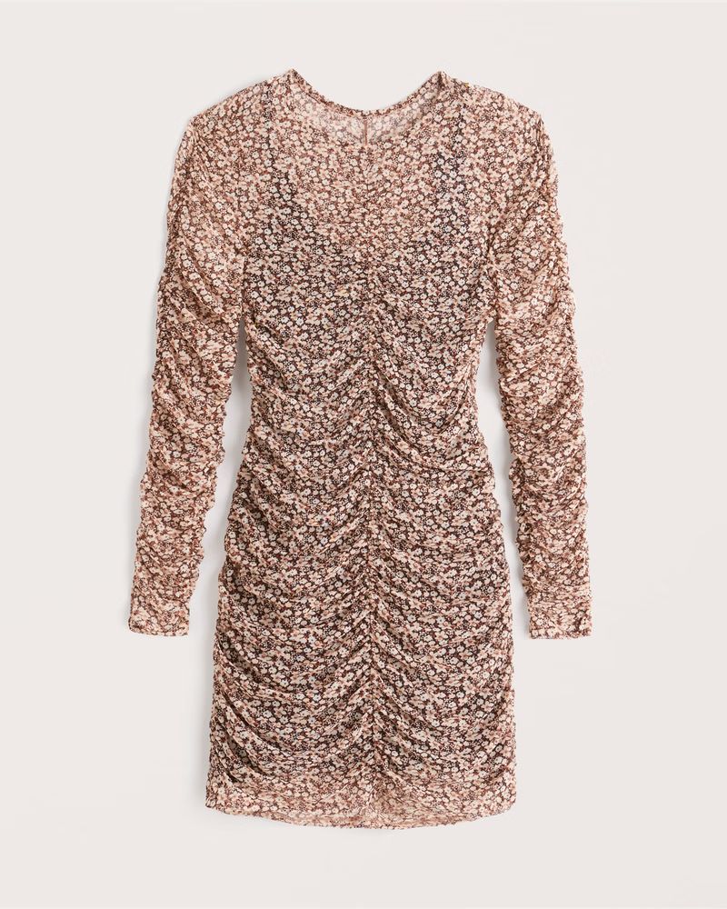 Long-Sleeve Ruched Mesh Mini Dress | Abercrombie & Fitch (US)