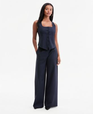Bar Iii Women's Pinstriped High-Rise Wide-Leg Pants, Macy's Exclusive - Navy Pinstripe | Macy's