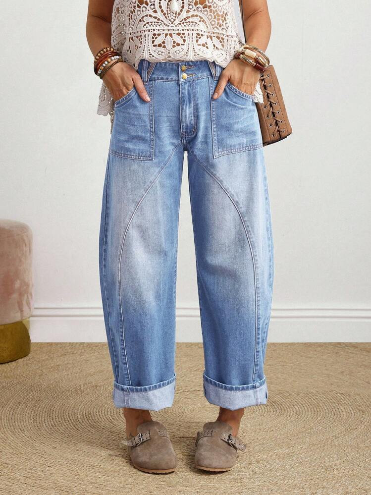 EMERY ROSE Women's Button Front Pocket Relaxed Fit Straight Leg Jeans Wide Leg Jeans Woman Loose Jeans Oversized Jeans Baggy Jeans Barrel Jeans | SHEIN