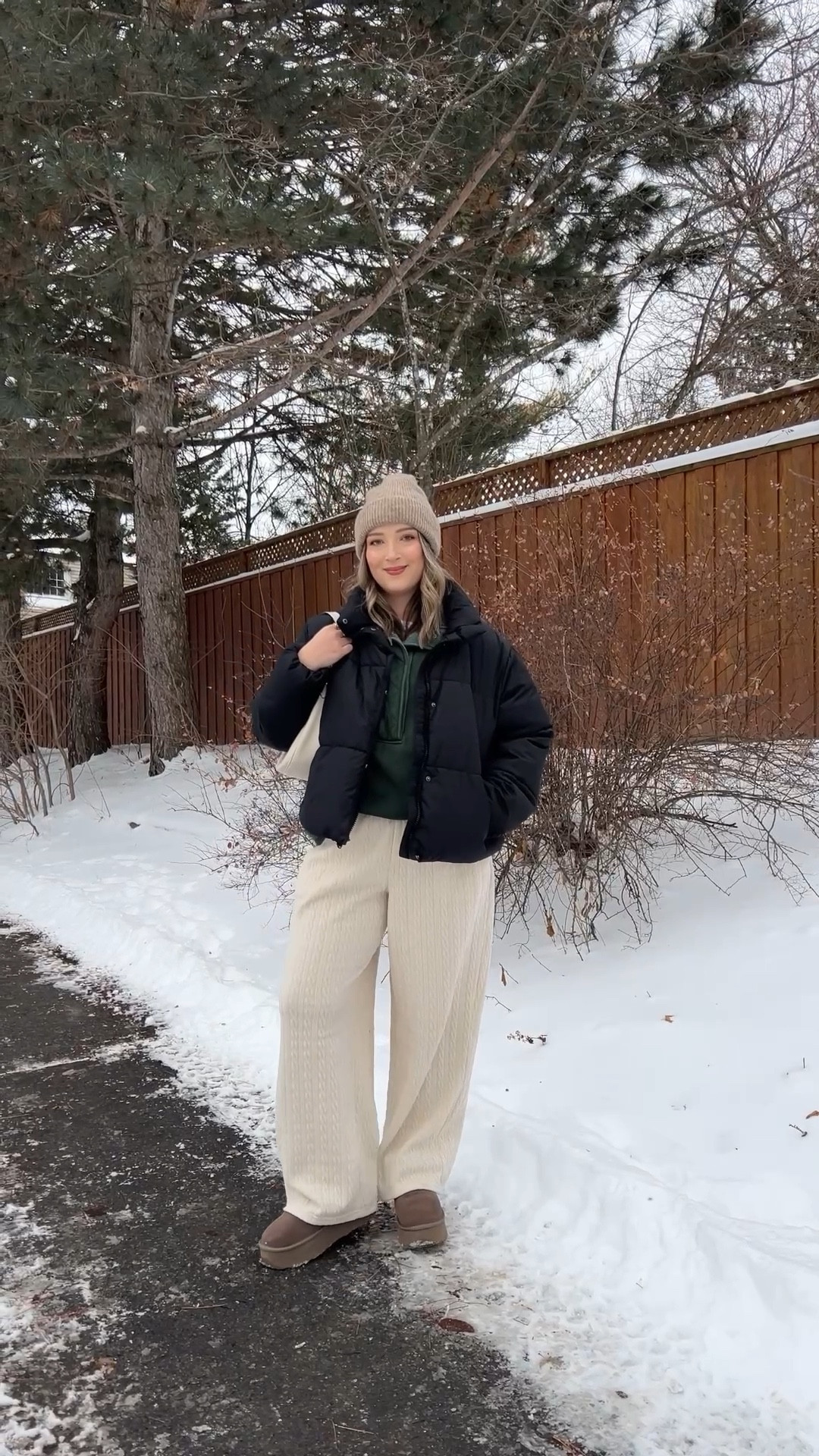 Comfy casual winter errands outfit! Wearing my usual size L in the cream cable knit wide leg pants, white tee, dark green sweatshirt, and black puffer jacket. My Ugg style boots are Amazon and such good quality, I’m usually a 9.5-10 and wear a 10. Canadian puffer jacket link under “similar products"


#LTKwinter #LTKmidsize #LTKsale