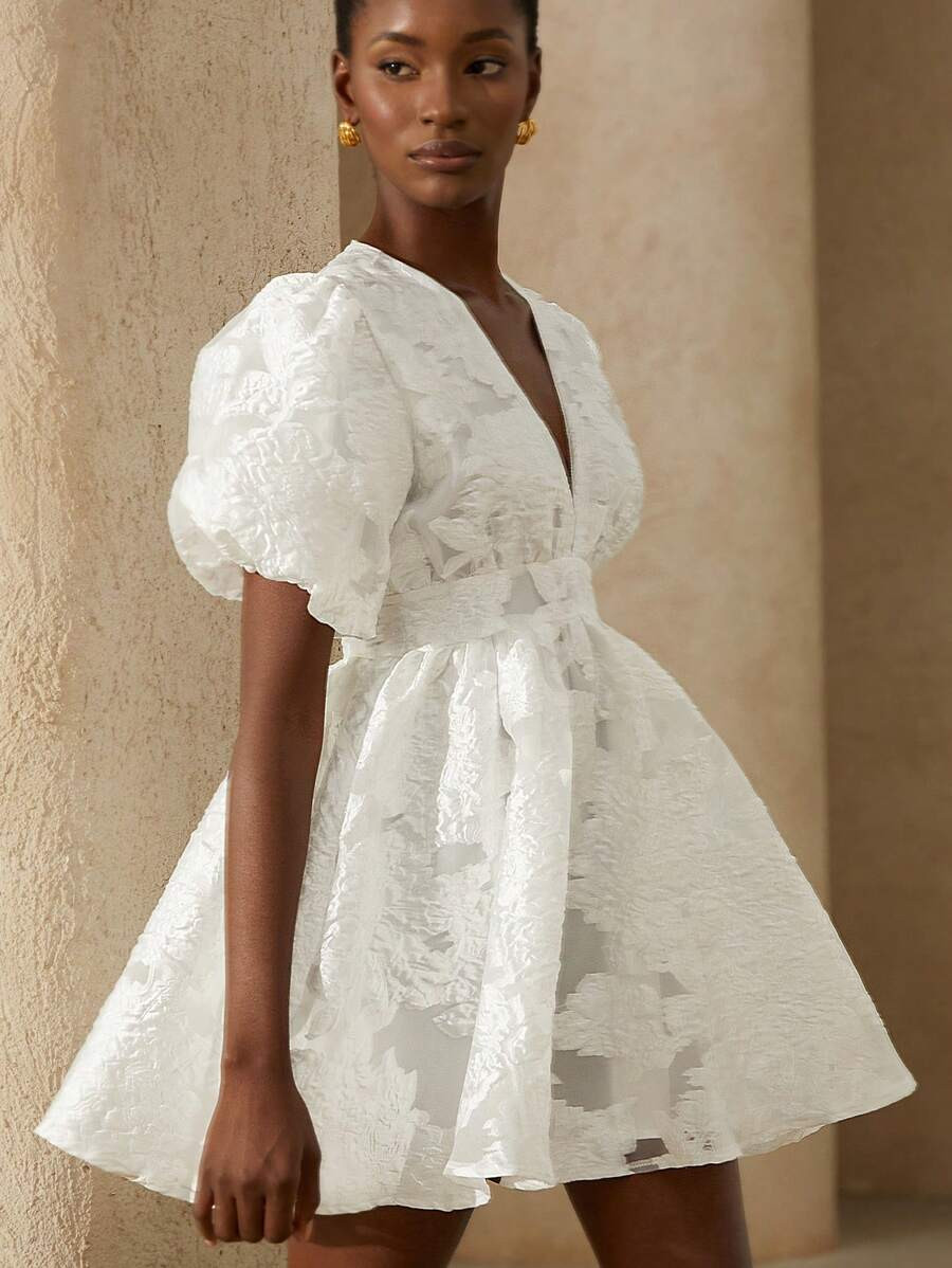 Aveloria Rosie Heavy Embroidered Voile Floral Deep V-Neck Waist Gathered Petal Sleeve Maxi A-Line... | SHEIN