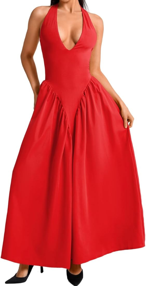 Amazon.com: ChiaoLezhee Deep V Neck Dress, Halter Maxi Dresses, Vacation Date Night, Sexy for Wom... | Amazon (US)