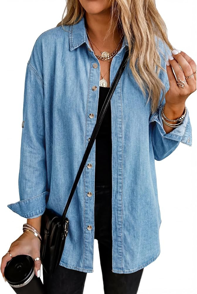 EMMIOL Denim Shirt Women Button Down Long Sleeve Denim Blouse 2026 Hidden Button Jean Shirt Overs... | Amazon (US)