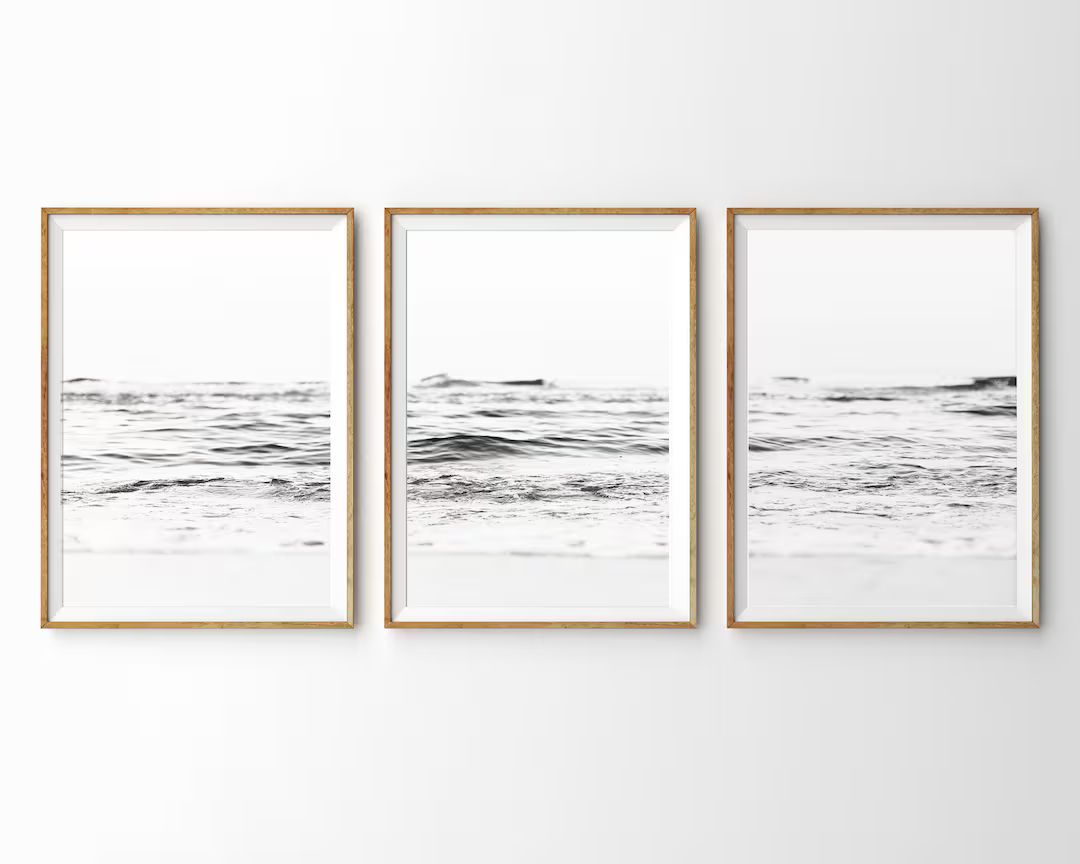 Ocean Set of 3 Prints Black White Beach Print Set Ocean - Etsy | Etsy (US)
