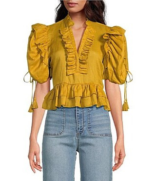 A Loves A Woven Ruffle Split V-Neck Short Bubble Sleeve Cropped Flounce Blouse - M | Dillard's