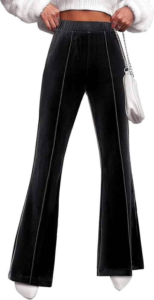GRAPENT Flare Velvet Pants for Women High Waisted Wide Leg Stretch Elastic Waist Pull On Trousers... | Amazon (US)
