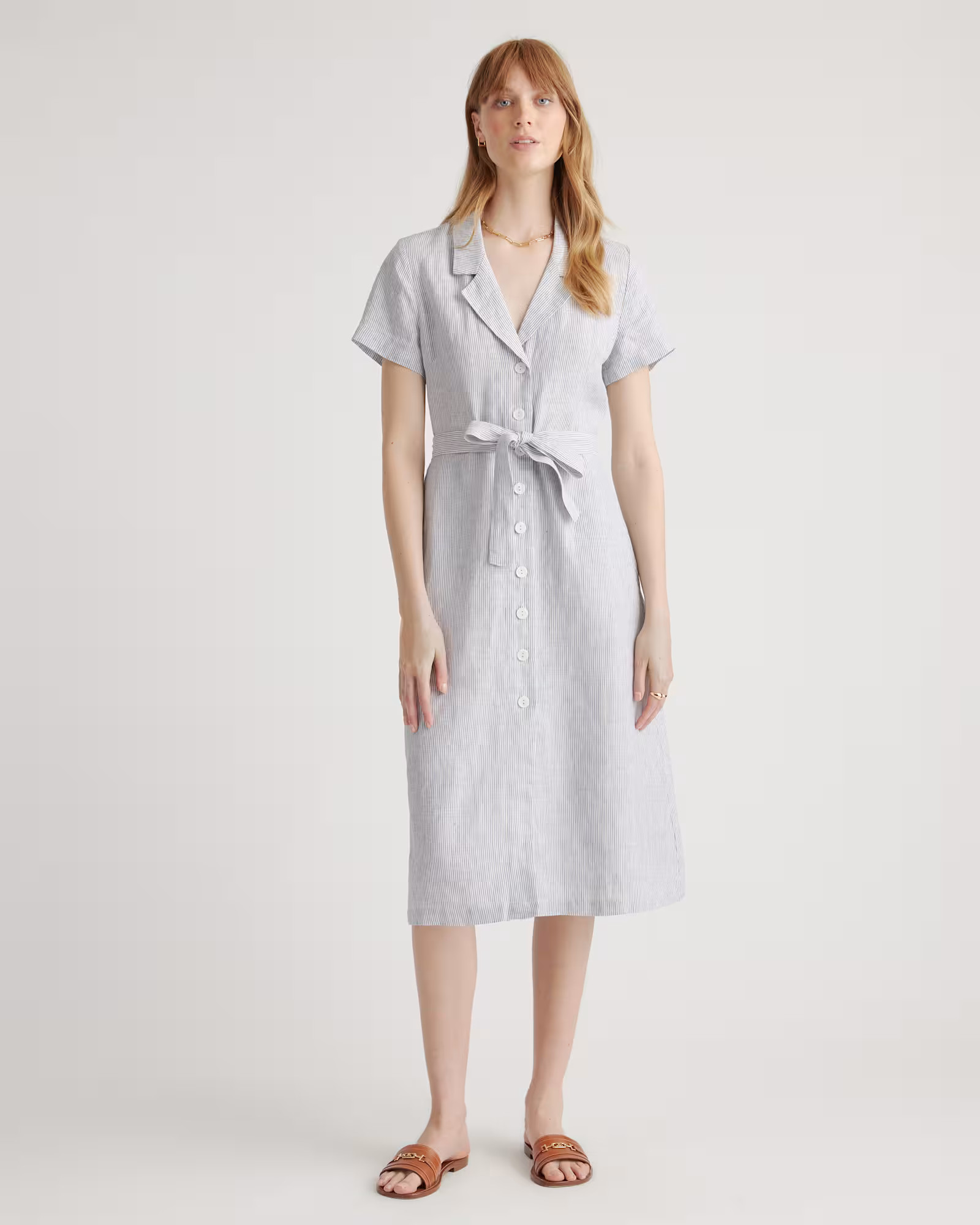 100% European Linen Button Front Dress in Blue Pinstripe | Quince