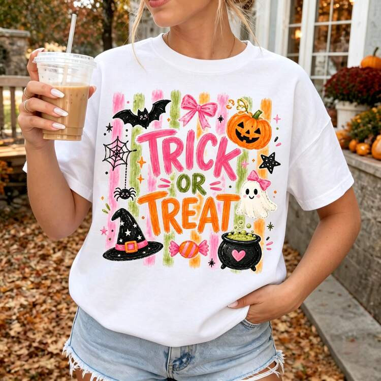 Retro Pink Halloween Trick Or Treat Graphic Tee Coquette Aesthetic Short Sleeve Varsity Style Top... | SHEIN