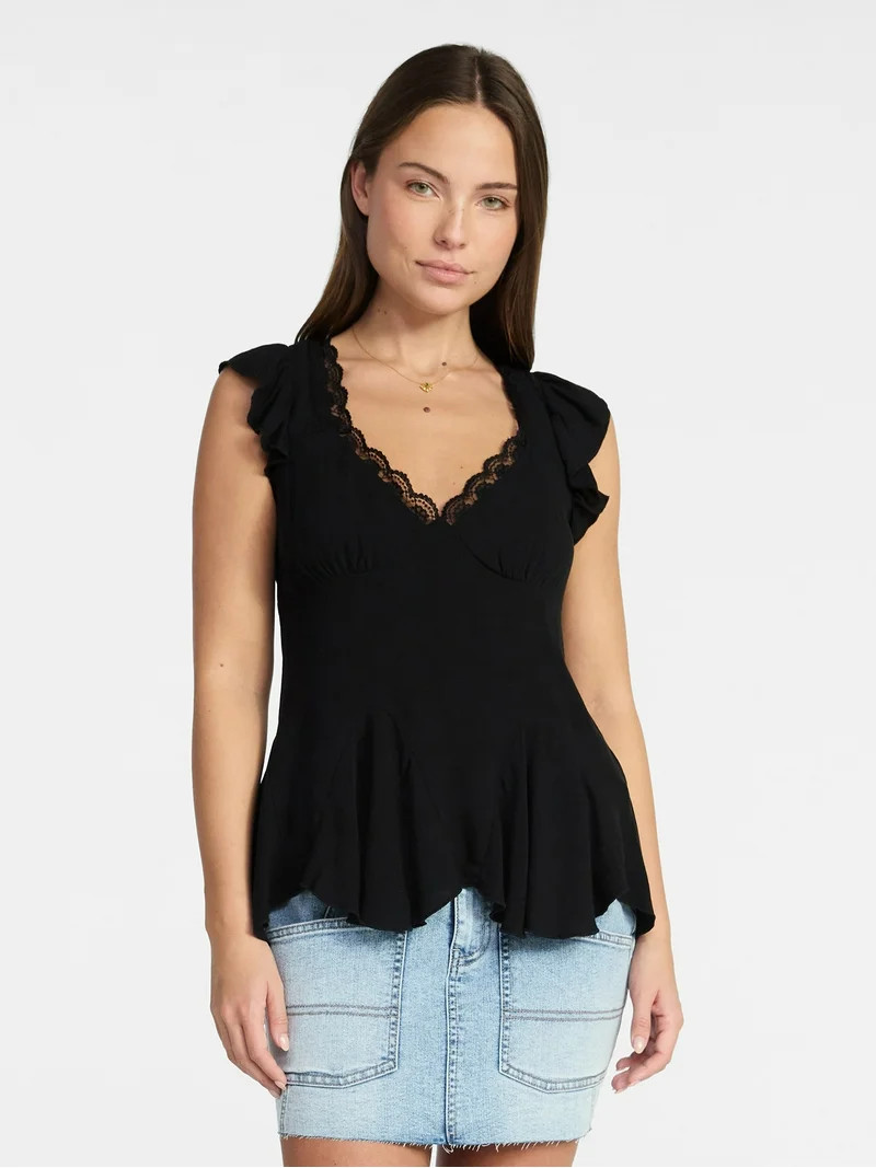 Madden NYC Women's Lace Trim Babydoll Top, Sizes XXS-XXL | Walmart (US)