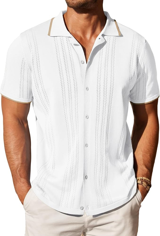 COOFANDY Men's Knit Button Down Shirt Vintage Short Sleeve Polo Shirts Casual Beach Tops | Amazon (US)