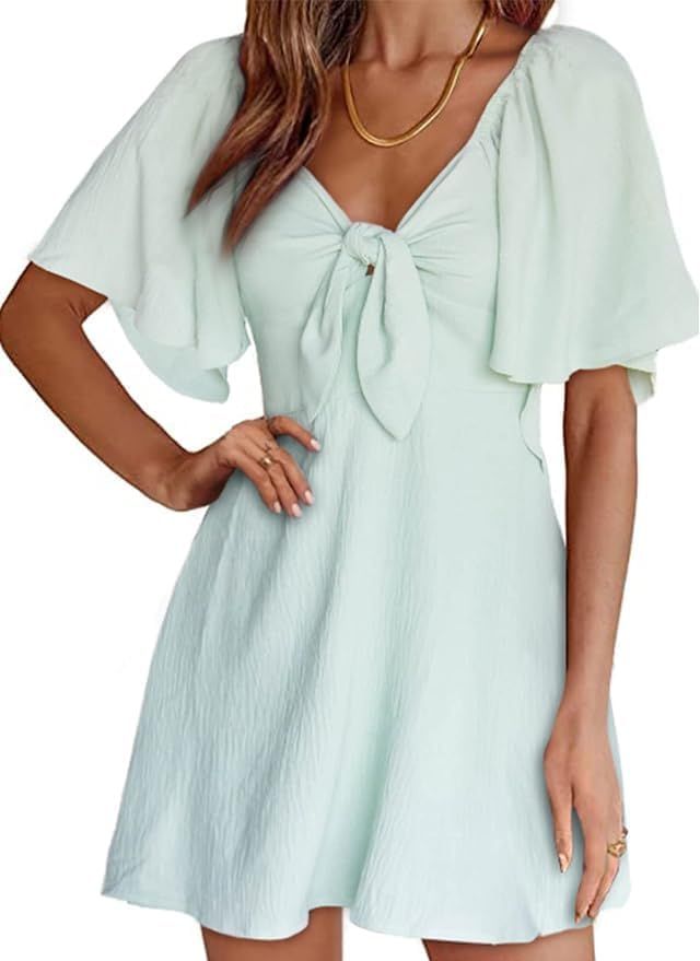Dokotoo Womens Dresses 2024 Spring Summer Deep V Neck Elegant Bow tie Mini Dress S-XL | Amazon (US)