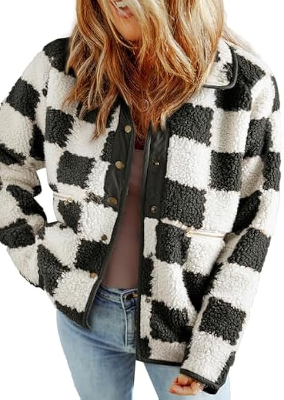 SHEWIN Jackets For Women Causal Sherpa Fall Jacket Loose Button Down Plaid Winter Coats | Amazon (US)