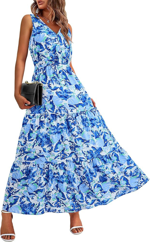 BTFBM Women Summer Dresses Casual Sleeveless Maxi Dresses Cute Floral Long Dress Wedding Guest Dr... | Amazon (US)