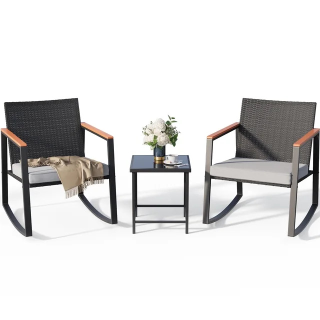 Lofka Patio Rocking Chairs Set with Glass Coffee Table, 3-Piece Outdoor Furniture Set for Balcony... | Walmart (US)