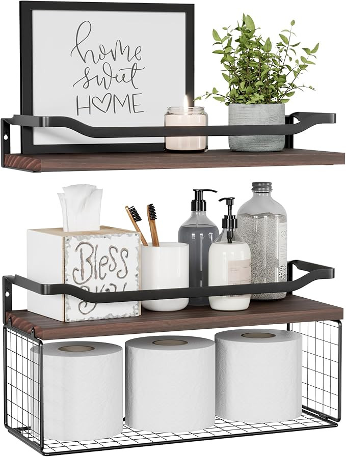WOPITUES Floating Shelves with Wire Storage Basket, Bathroom Shelves Over Toilet with Protective ... | Amazon (US)