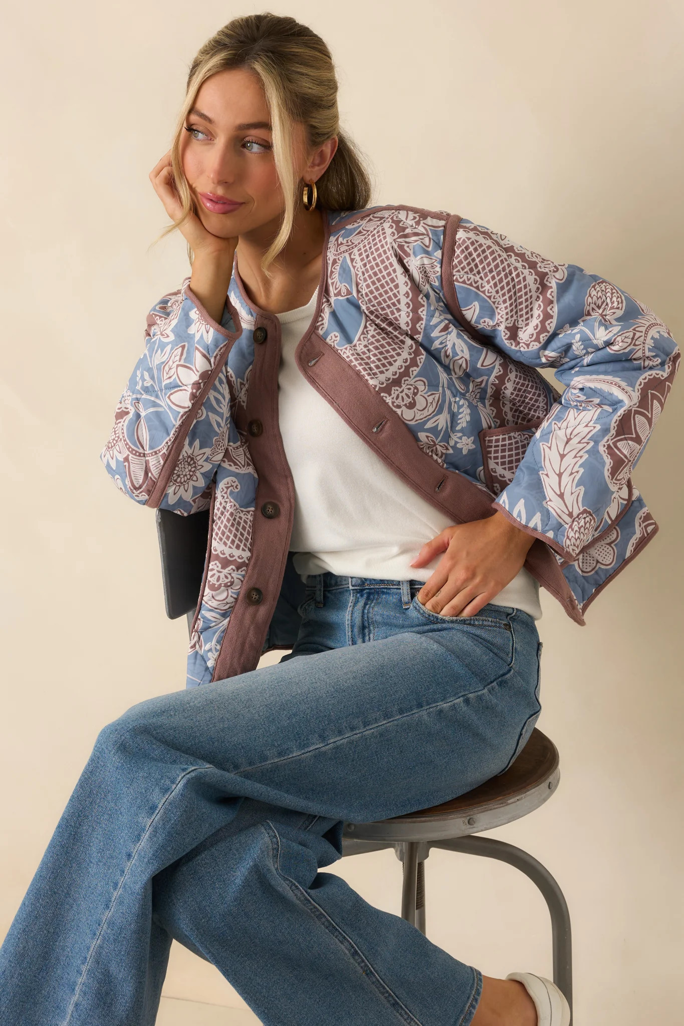 Got It Covered Ash Blue Multi Paisley Floral Print Cotton Jacket | Red Dress