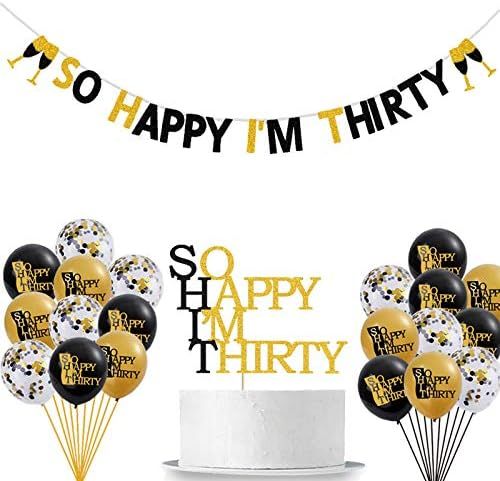So Happy I'm Thirty Birthday Party Supplies Black and Gold Glittery 30th Birthday Banners Balloon... | Amazon (US)