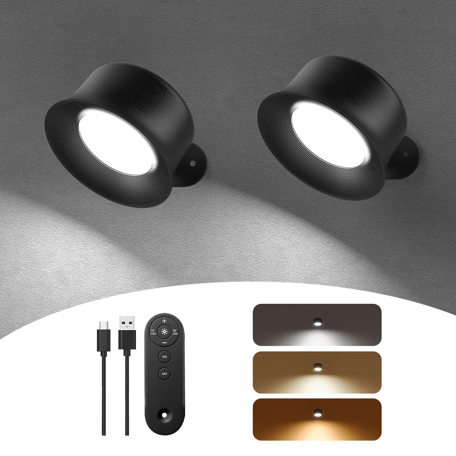 Wall Lights,LED Wall Sconces Set of 2 with 3200mAh Rechargeable Battery 3 Color Temperatures and Brightness Dimmable Touch and Remote Control,Cordless Reading Lamp Light for Bedside Home | Amazon (US)