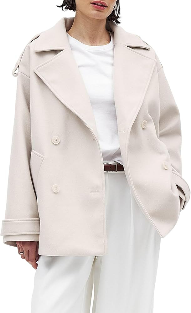 Women's Winter Crop Pea Coat Wool Blend Double Breasted Notch Lapel Oversized Short Jacket | Amazon (US)