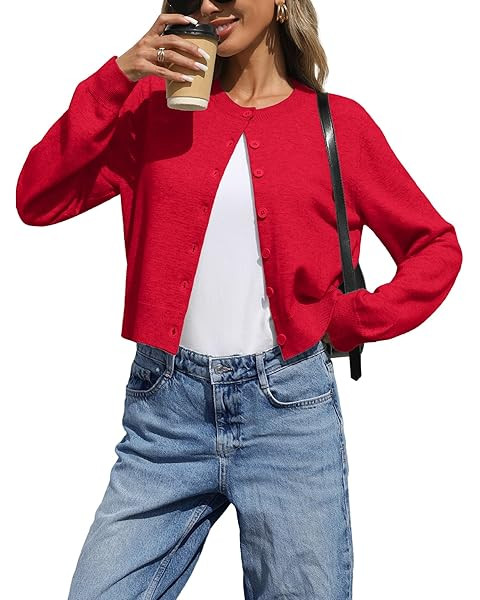 Women Casual Open Front Button Down Cropped Cardigan Sweaters Y2k Crewneck Long Sleeve Fall Knitw... | Amazon (US)