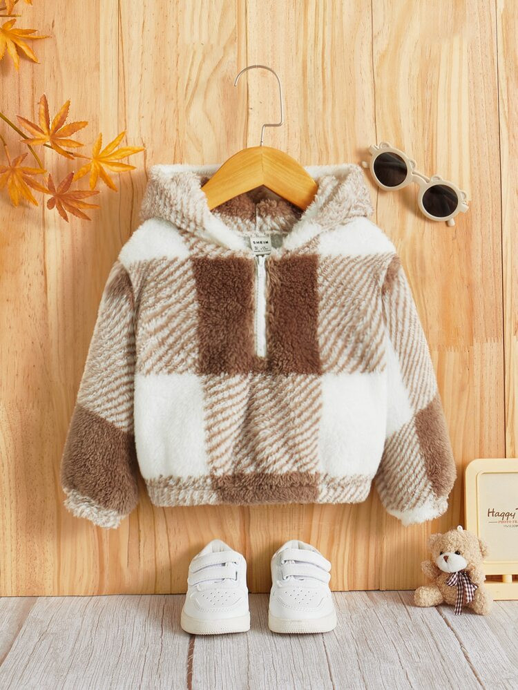 SHEIN Baby Gingham Print Teddy Hoodie | SHEIN