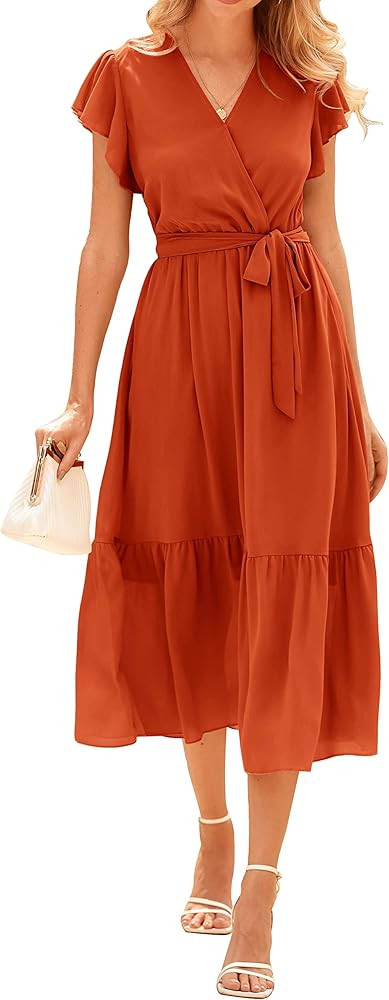 BTFBM Women Summer Bohemian Floral Casual Wrap V Neck Ruffle Cap Sleeveless Belt A-Line Pleated H... | Amazon (US)