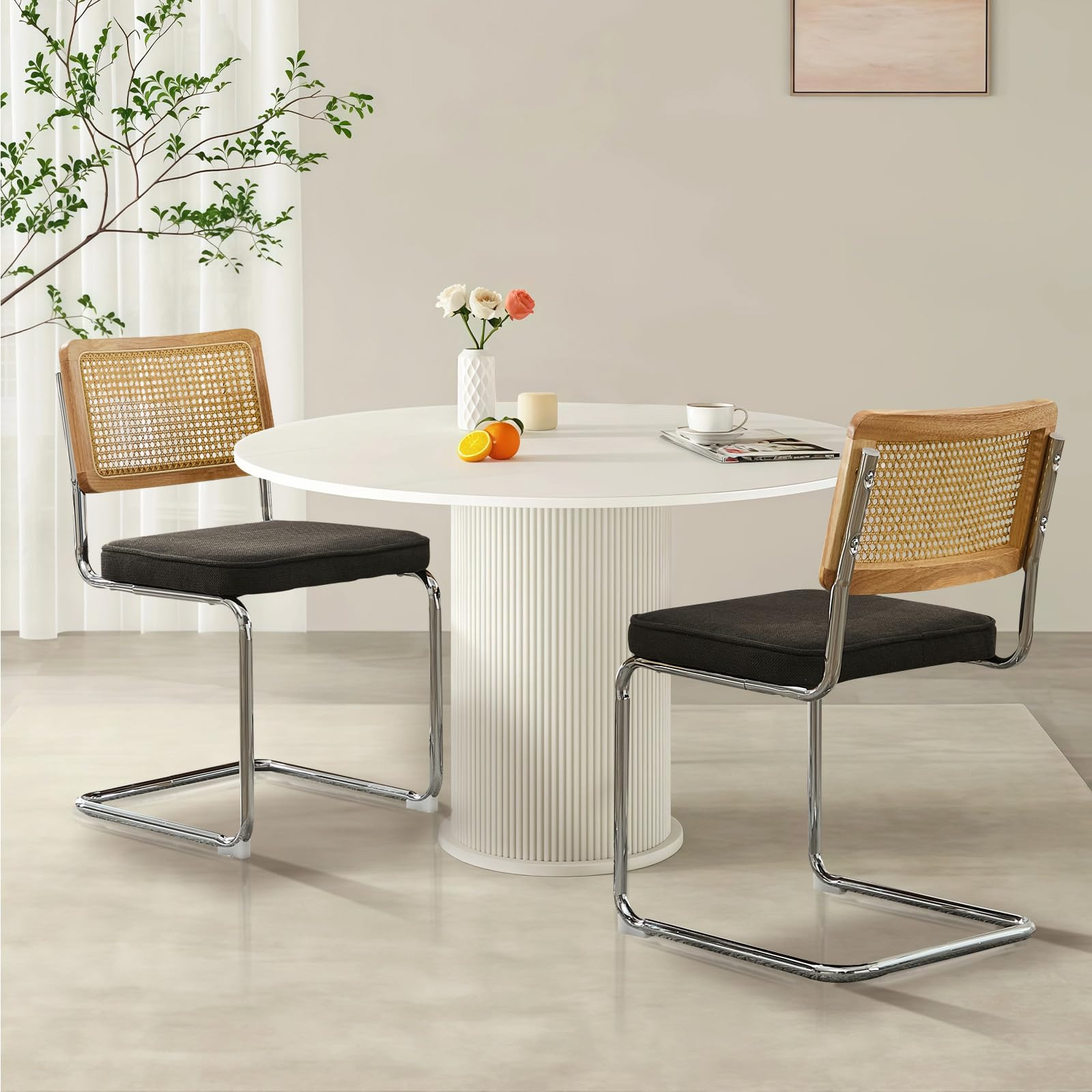 Rattan Back Linen Dining Chair Set of 2 Modern Stainless Chrome Base Armless Upholstered Side Cha... | Amazon (US)