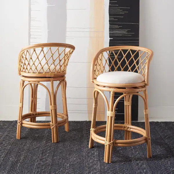 SAFAVIEH Yuta 24-inch Rattan Counter Stool with Cushion - 21" W x 21" D x 35" H - Natural/White | Bed Bath & Beyond