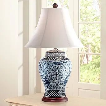 Shonna Asian Chinese Ginger Jar Table Lamp 27" Tall Porcelain Blue White Bird and Branch Bell Sha... | Amazon (US)