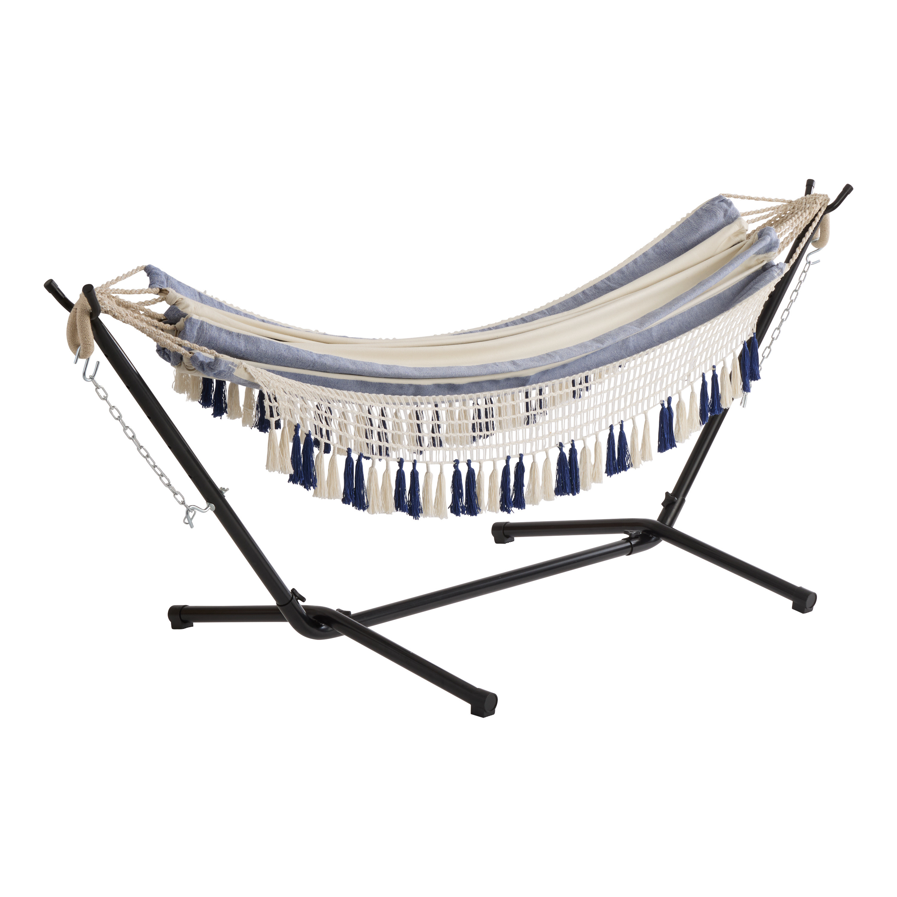 Blue and White Cotton Macrame Tassels 7 Foot Hammock | World Market