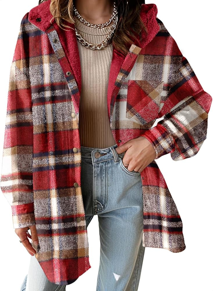 Dokotoo Women's Flannel Hooded Plaid 2025 Shacket Thick Coat Winter Coat for Warmth Button down W... | Amazon (US)