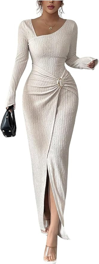 GORGLITTER Women's Wrap Bodycon Midi Dress Asymmetrical Neck Long Sleeve Ring Side Slit Elegant B... | Amazon (US)
