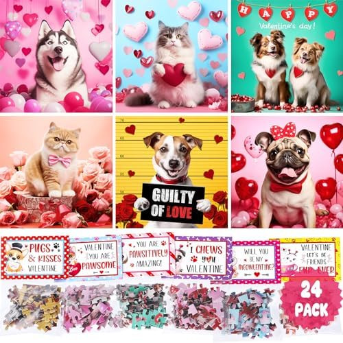 Valentines Day Gifts for Kids - 24 Packs Cat Dog Jigsaw Puzzles Toy with Kids Valentines Day Card... | Amazon (US)